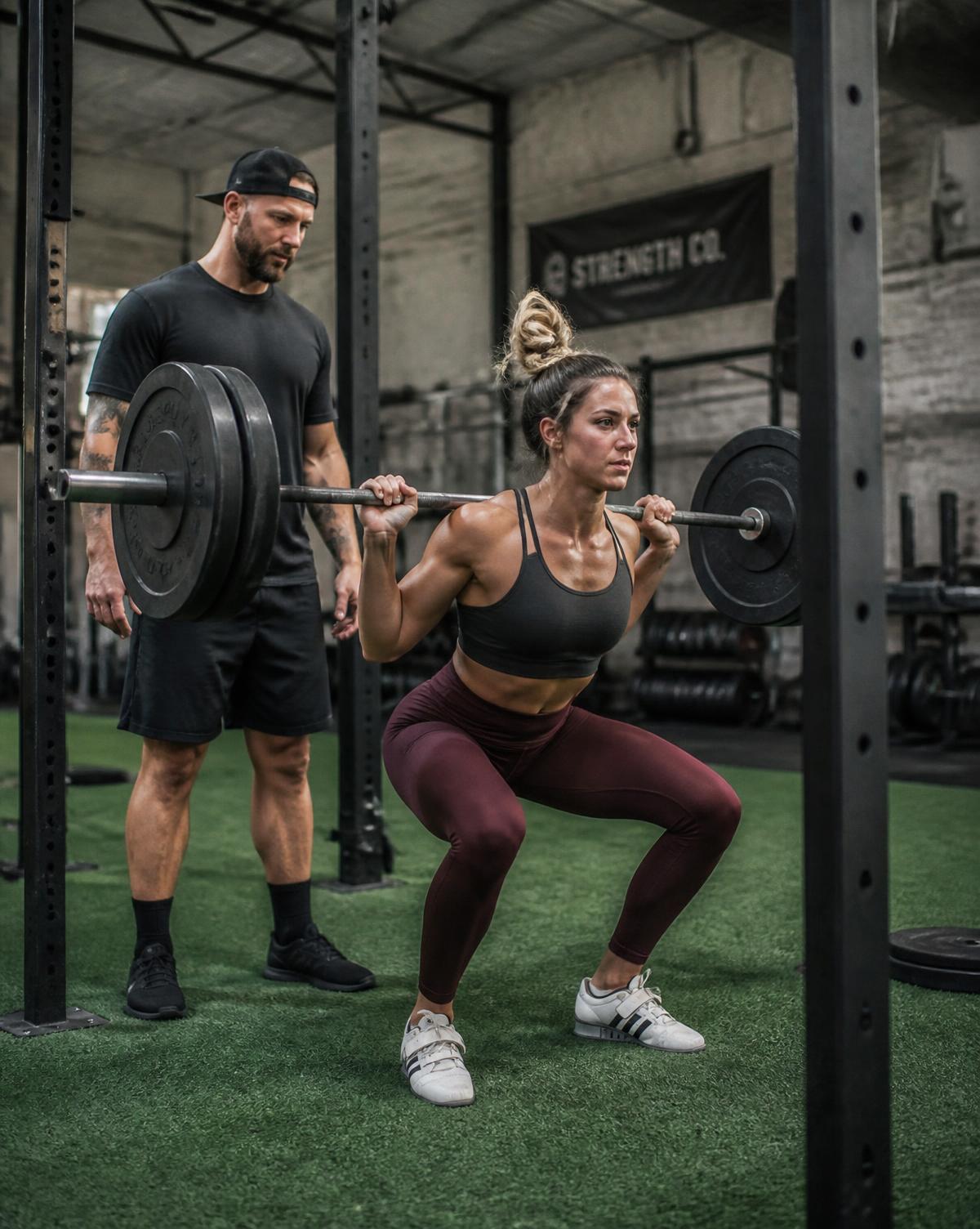 A woman squatting with a barbell while a coach spots her at Ethos Colorado